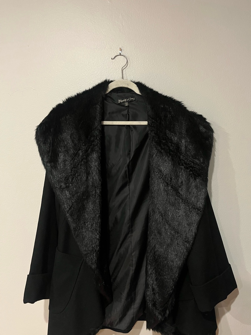 Elizabeth and James Black Virgin Wool Faux Fur Coat M/L